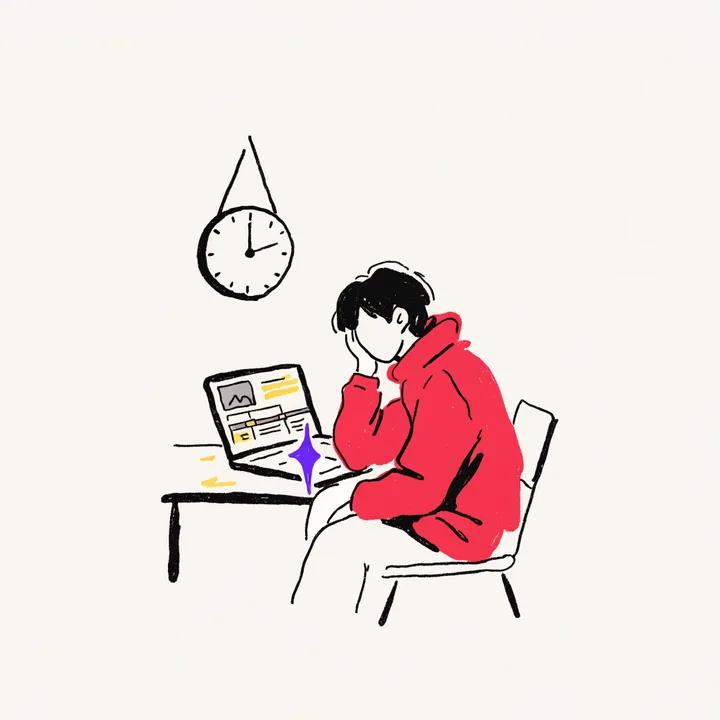 A creator slumped over a laptop with a clock on the wall behind them
