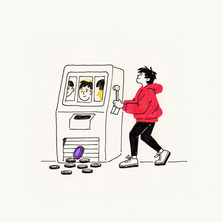 A creator pulling the lever of a slot machine whose reels show faces, coins spilling out